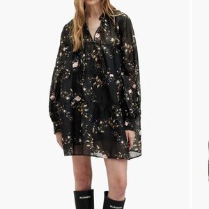 AllSaints Black Floral Tiered Midi Dress